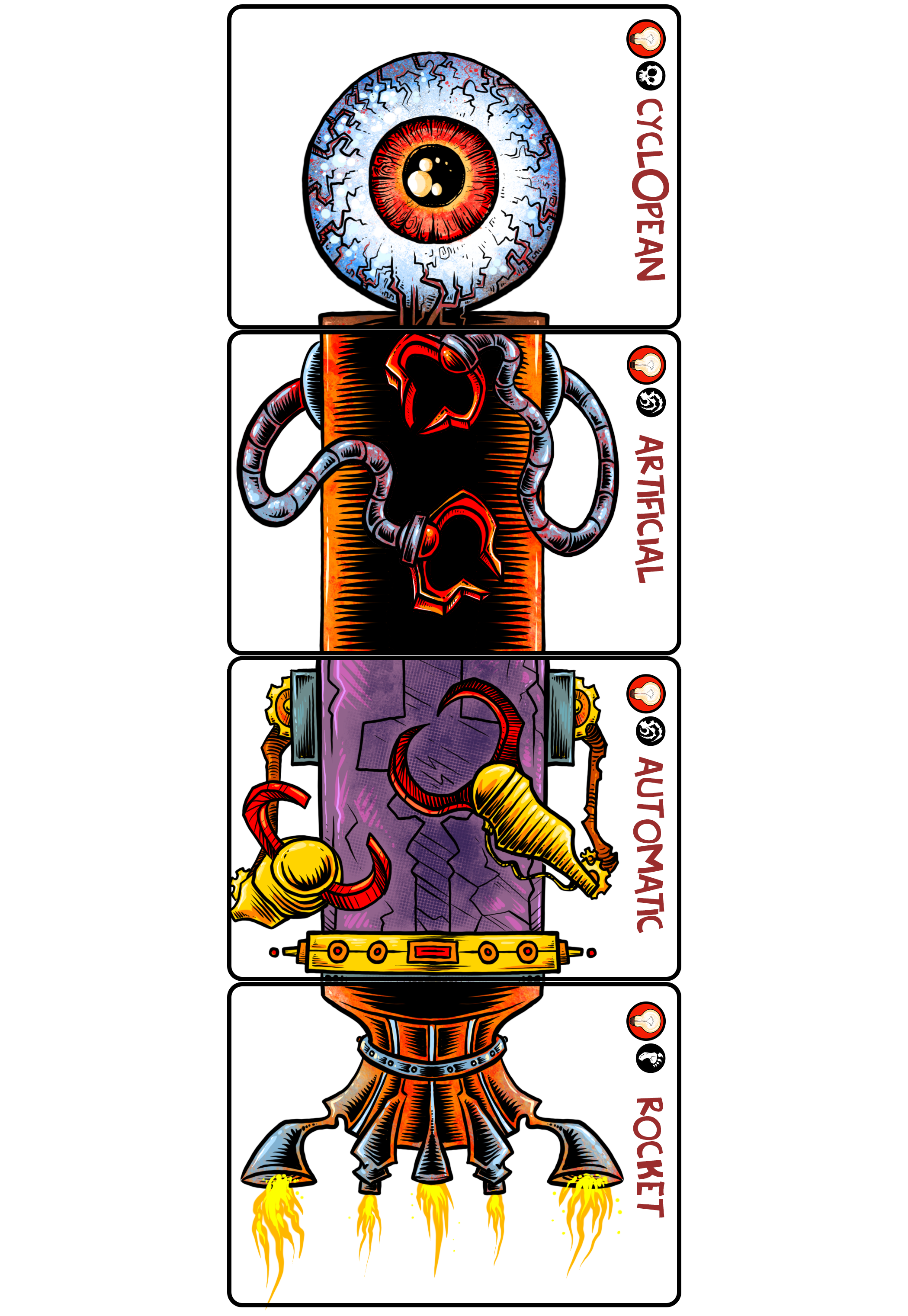 Colorful Monster Rummy Game Cards with 4 mixed and matched body parts including eye ball head and rocket legs