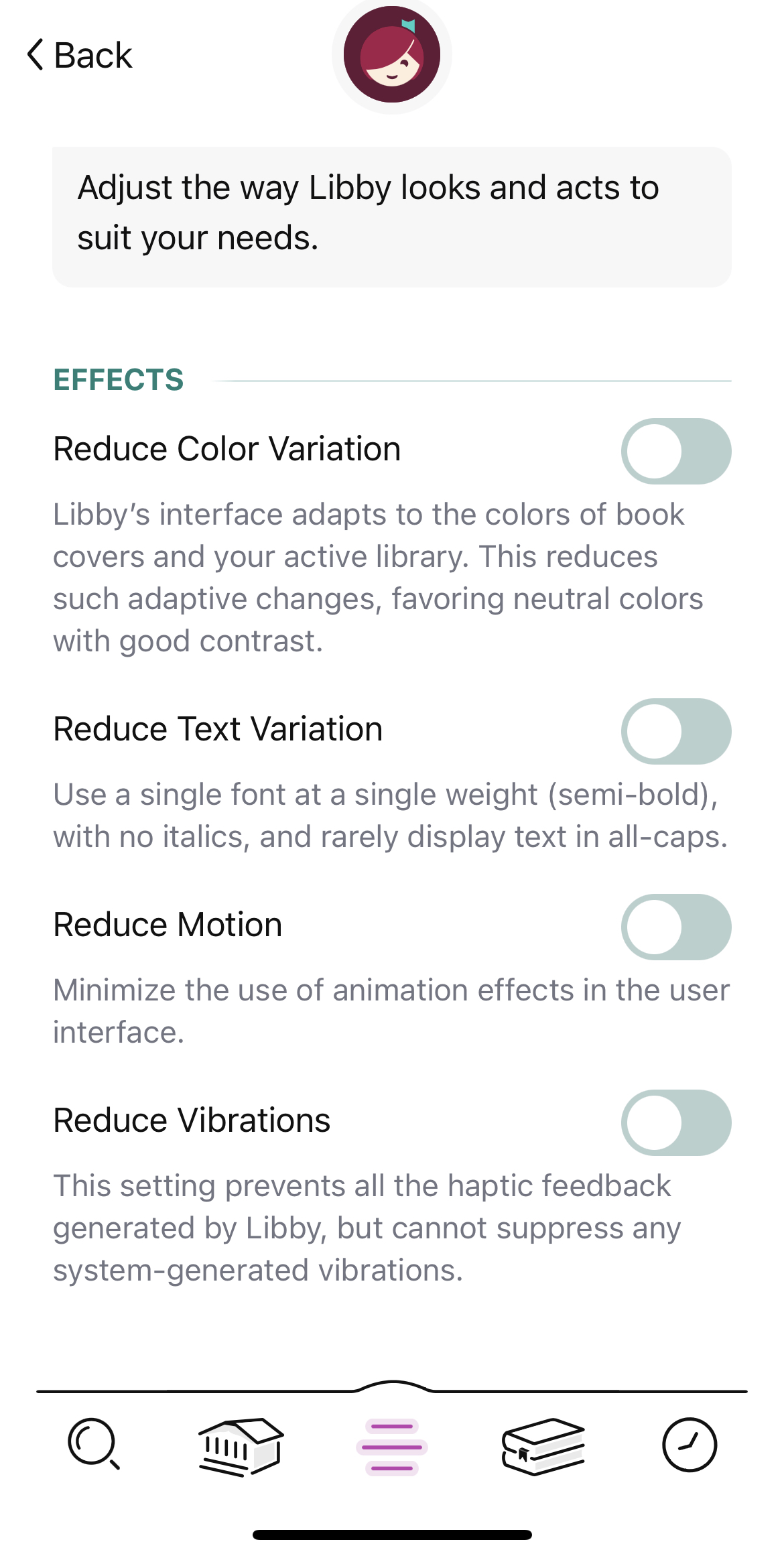 Libby by OverDrive Accessibility Settings menu