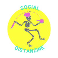 Social Distanzine Logo with dancing character wearing chef hat and holding a knife and pot