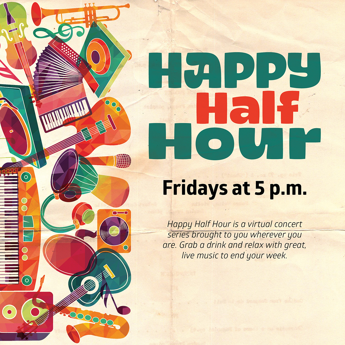 happy half hour image with illustrated instruments