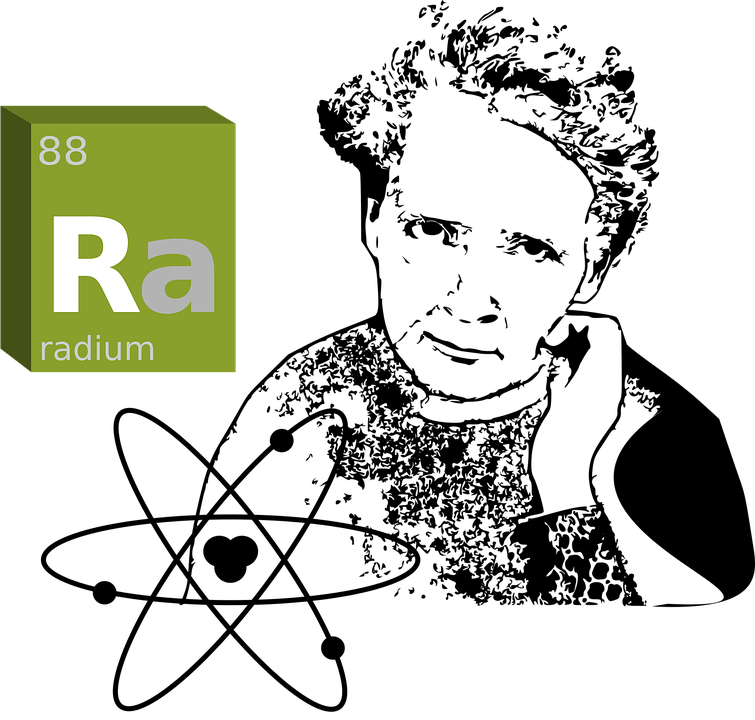 Drawing of Marie Curie, the symbol for radium and the symbol for radioactive material