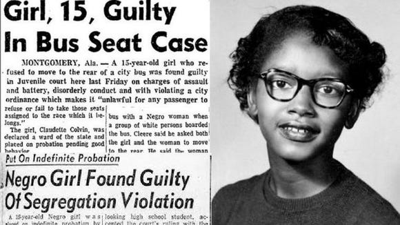 Claudette Colvin, age 15 (right) accompanied by one of the newspaper headlines detailing her arrest. 
