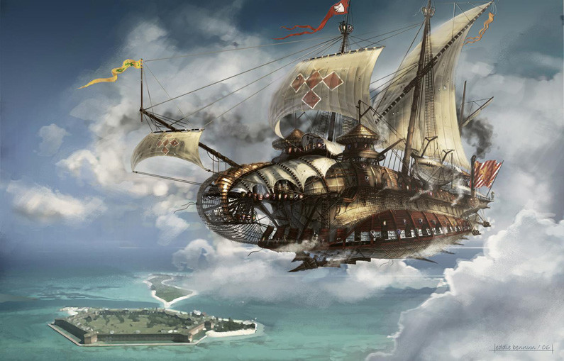 image of a wooden airship with sails full of wind against a backdrop of clouds, ocean, and a small tropical island