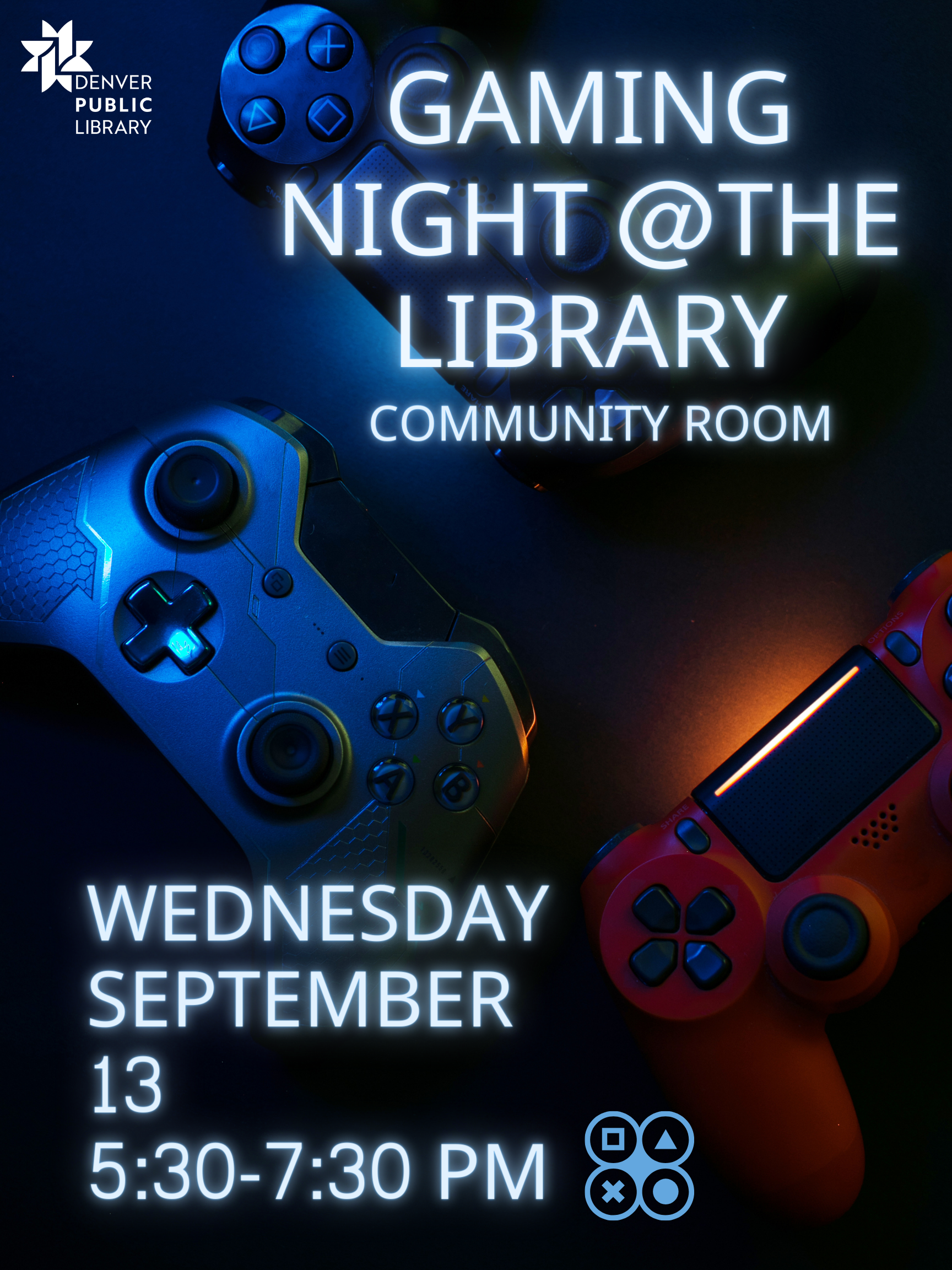 Gaming Night at the Library- White text on a dark background with game controllers.