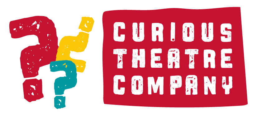 Logo for Curious Theatre Company with three question marks in red, yellow, and teal