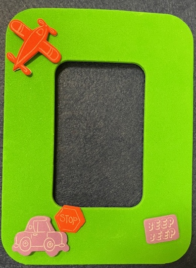 green foam photo frame craft with transportation themed stickers