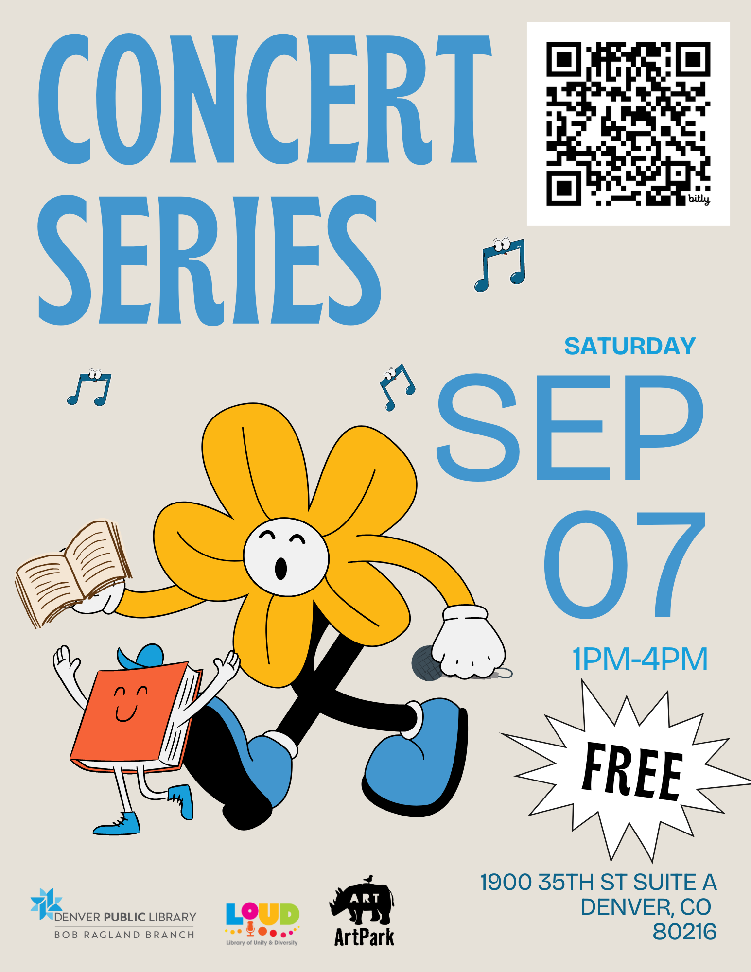 September Concert Series Flyer. Free event is 1-4PM 09/07/2024
