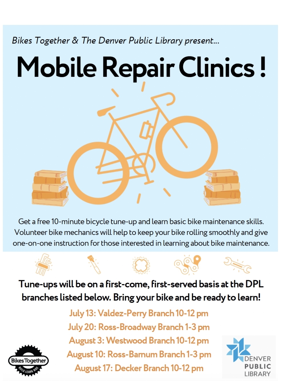 Image is a flyer with information about Bikes Together Mobile Repair clinics