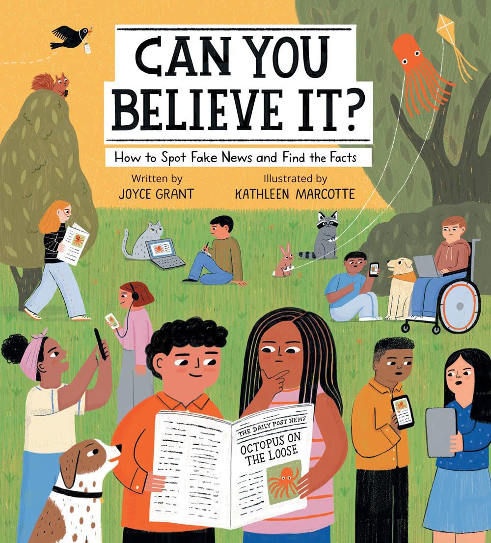 The book cover for "Can you believe it?" It features many children in a park with two at the center analyzing a newspaper.