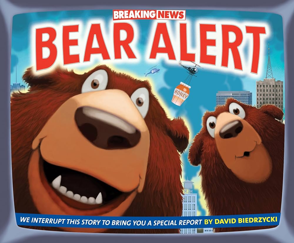 Book cover for "Bear Alert" it features to bears looking straight ahead with smiles. Their faces are framed in a tv monitor.