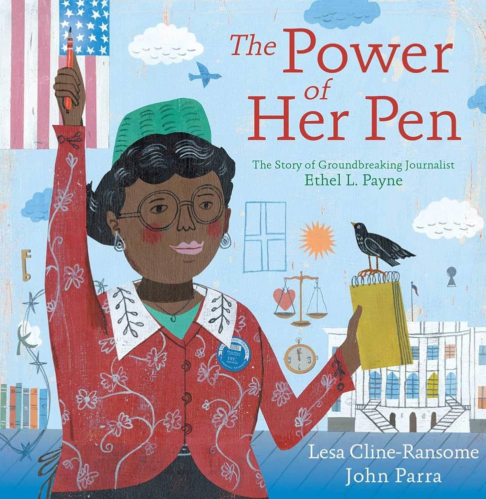 The book cover for "The Power of Her Pen" features Ethel L. Payne holding a pen proudly and a notepad in the other hand.