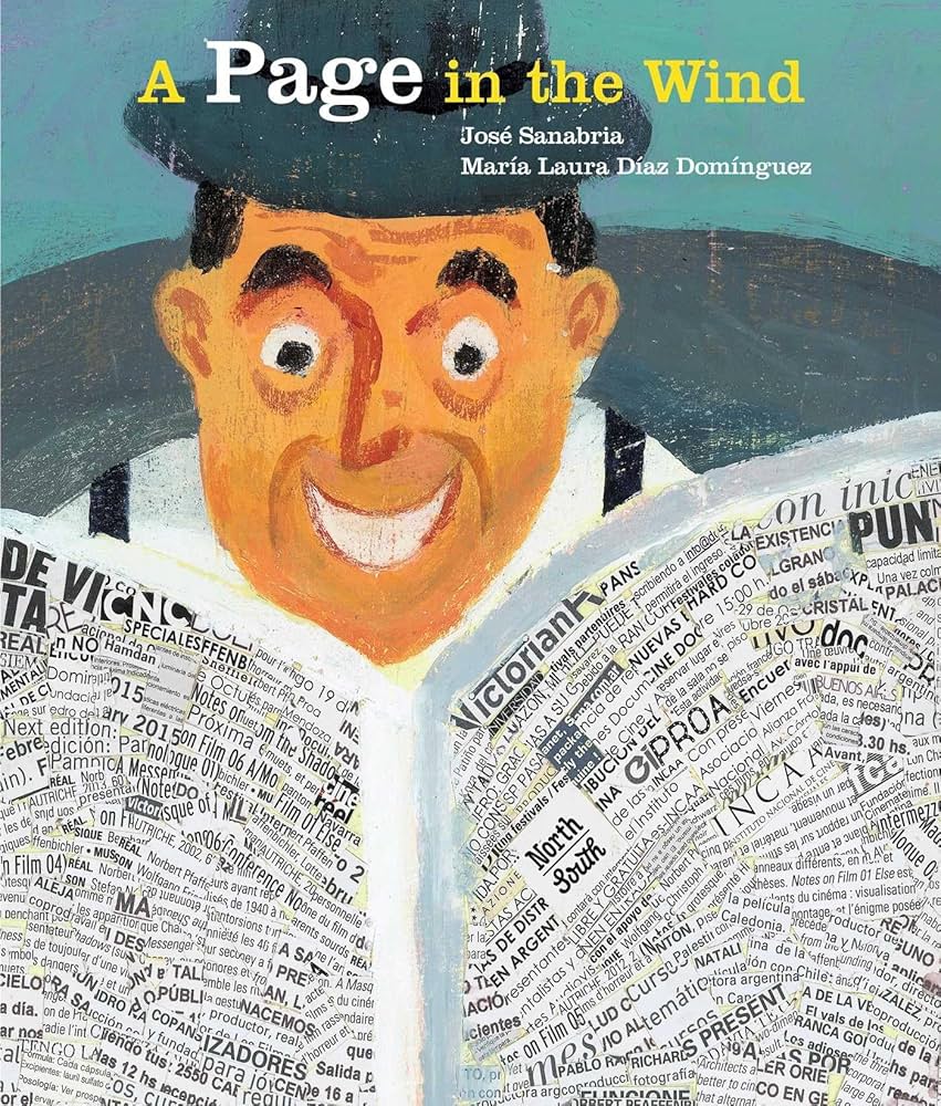 Book cover for :a Page in the Wind" featuring an illustration of a man looking at a newspaper and smiling.