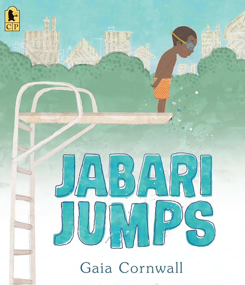 Book cover for "Jabari Jumps" featuring a young boy in a swimsuit on a diving jumping board as he looks down at the pool hesitantly.