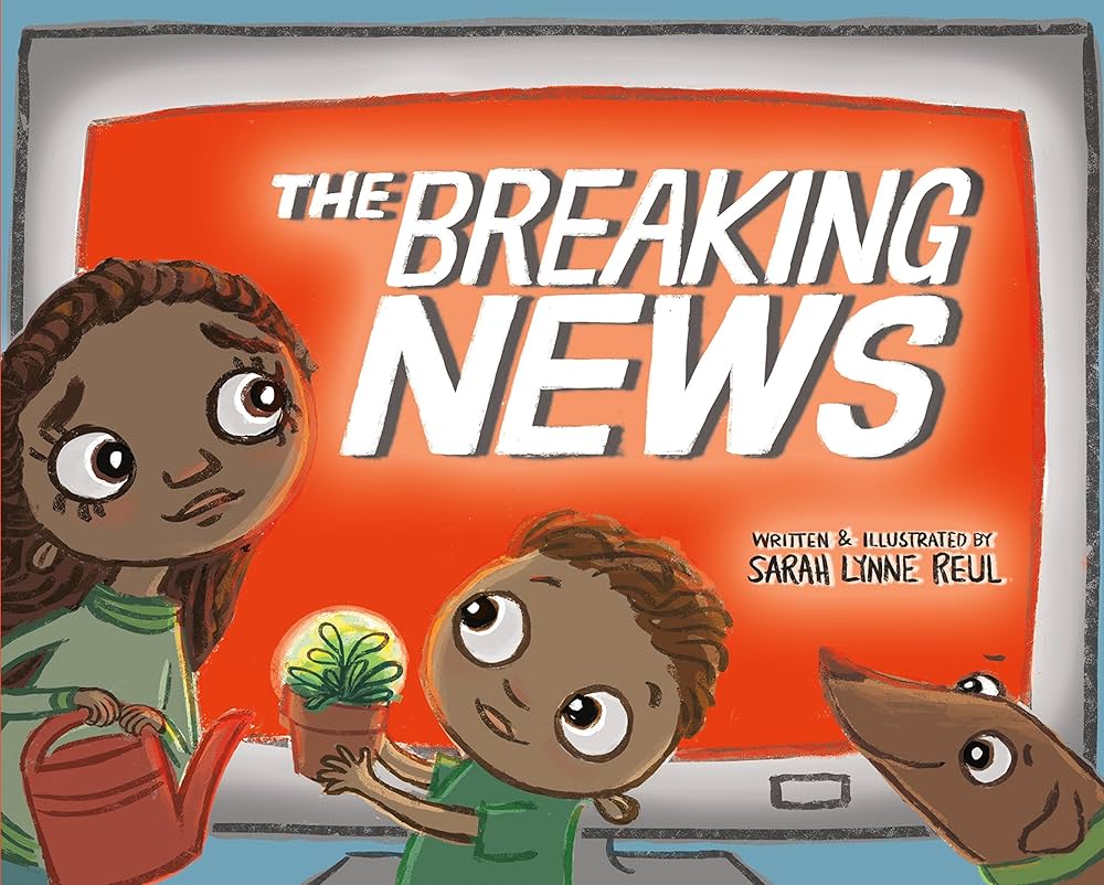 Book cover for "The Breaking News" which features a mom watering a plant that is held by a young boy. The boy looks her direction, but the mom is looing at a TV with a slight look of concern.
