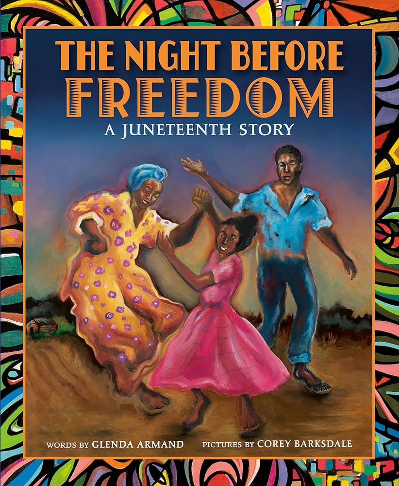 The cover to "The Night Before Freedom" by Glenda Armand. Three people dance and smile outdoors in the night time.