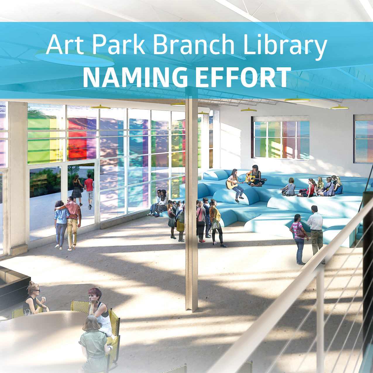 Digital rendering of ArtPark Branch Library. Main area of library with big colorful windows, sunlight shinning in, and people walking around. 