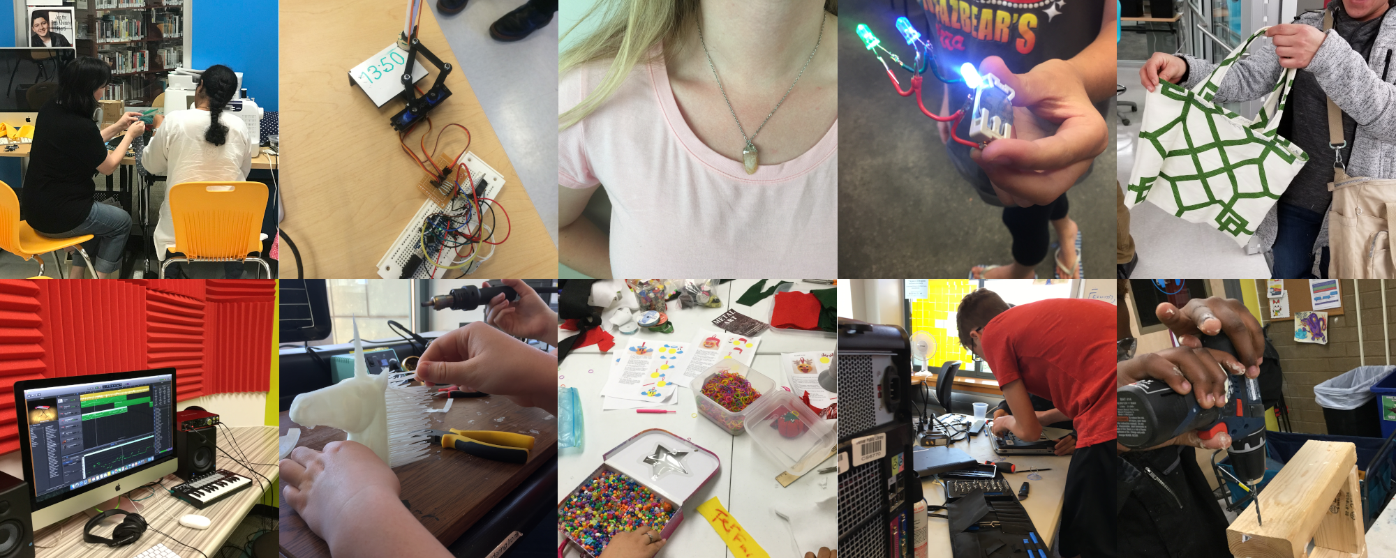 Examples of projects done in ideaLABs across Denver: sewing, repairs, 3D printing, beading, and more.