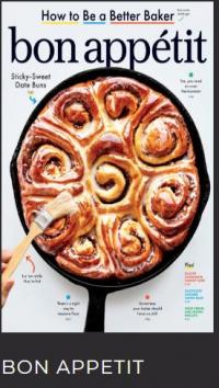 The cover of Bon Appetit magazine with cinnamon rolls in an iron skillet