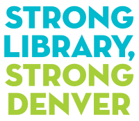 Strong Library, Strong Denver logo. Text is half light blue, half light green in color. 