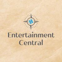 A square image on a light brown background that reads, "Entertainment Central."