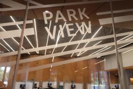 Photo of glass pane in front of Park View event space that reads "Park View"