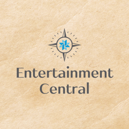 A square image on a light brown background that reads, "Entertainment Central."