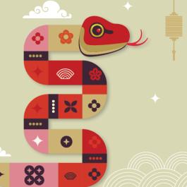 Illustration of snake with red, pink and gold. 