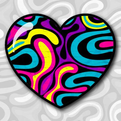 A heart filled with groovy, colorful patterns - like oil in water. The colors are yellow, pink, blue, black, and green. The background behind the heart is also a groovy pattern, but the colors are grey and white.