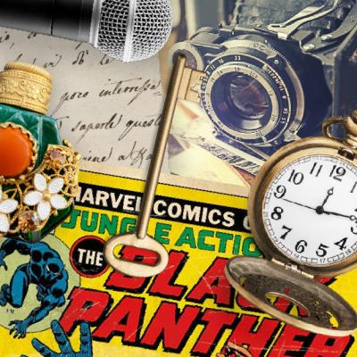 A collage of vintage and modern objects including a microphone, handwritten letter, ornate jeweled ring, old-fashioned camera, antique skeleton key, open pocket watch, and a vintage Marvel Black Panther comic book cover.