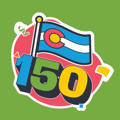 illustration of the Colorado flag above the letters "150" on a green background