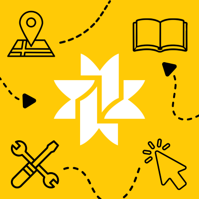 Graphic of DPL book star, mouse cursor, book, tools and map. 